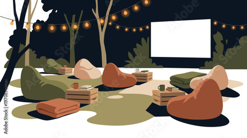 An inviting outdoor movie night setup with bean bag chairs, string lights, and a large projection screen under the night sky.