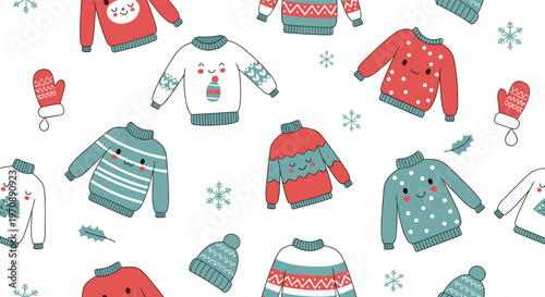 Cute Christmas Sweaters with Snowflakes, Mittens, and Holiday Designs in Red and Teal Colors