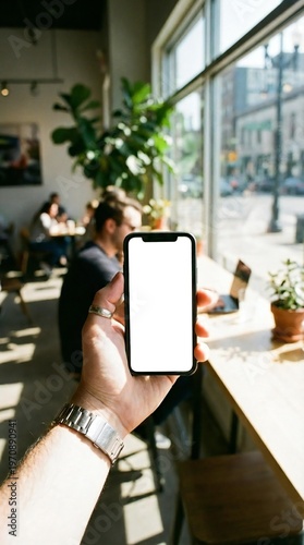 Hand Holding Blank Screen Smartphone Near Window in Cozy Cafe