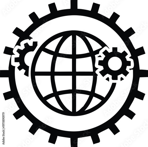 Global networking mechanism with rotating gears symbolizing worldwide collaboration and industrial connection