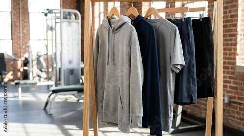 Simple blank t shirts in neutral colors hang on wooden clothing rack. Clean apparel displayed in bright room with natural daylight, shadows. Short sleeve tops serve fashion branding, store design,