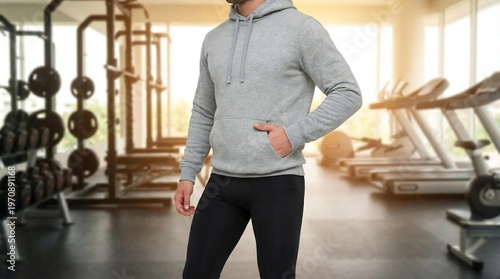 Man dressed in comfortable grey hoodie for mockup, sweatpants casual apparel. Urban lifestyle, relaxed fashion style. Suitable for various scenarios, everyday wear or sports.