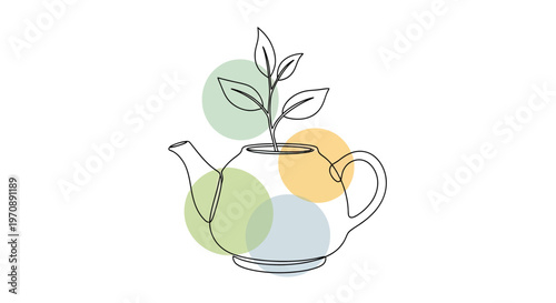 Minimalist continuous line drawing of a teapot with fresh green tea leaves growing from it, vector illustration