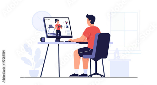 Man watching online fitness video or virtual workout class on computer at home, healthy lifestyle and remote personal training concept vector illustration