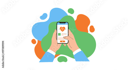 Hands holding smartphone with health tracking app showing heart rate and pulse on screen