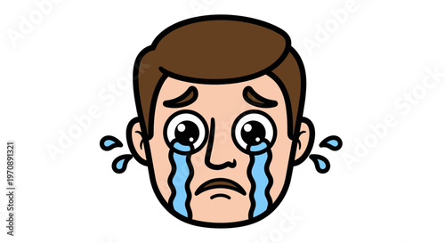 Sad Man Crying with Tears Running Down His Face Vector Illustration