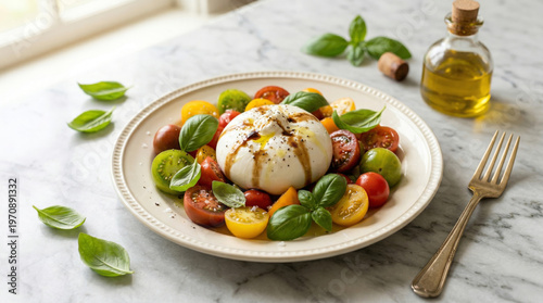 Fresh Burrata Salad with heirloom cherry tomatoes, fresh basil leaves, balsamic glaze and extra virgin olive oil on a textured ceramic plate, marble table background, soft natural daylight, shallow de