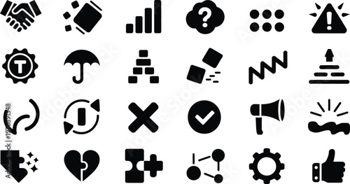 A collection of 25 black and white icons on a white background