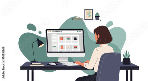 Young Woman Shopping Online on E-Commerce Website via Desktop Computer in Modern Home Office Environment