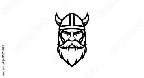Viking Warrior Head Mascot with Horned Helmet and Long Beard, Norse Mythology Vector Illustration for Logo or Icon.