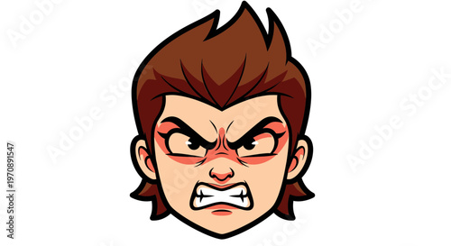 Angry Cartoon Boy Face Expression, Furious Male Character Avatar with Clenched Teeth and Frustrated Emotion