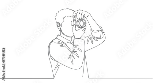Continuous One Line Drawing of Professional Male Photographer Holding Digital Camera and Taking Picture