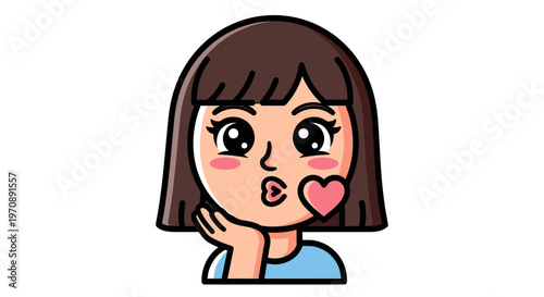 Cute Cartoon Girl Blowing a Kiss with a Pink Heart, Kawaii Style Vector Illustration of a Young Woman Expressing Love and Affection