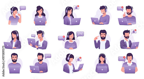 Set of customer service representative avatars, diverse call center agents wearing headsets and working on laptops for technical support and business communication.