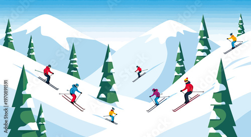 Group of People Skiing Down Snowy Mountain Slopes in Winter Resort Landscape Vector Illustration