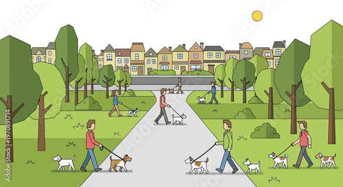 People Walking Dogs in a Public Park with a Row of Houses in the Background Vector Illustration
