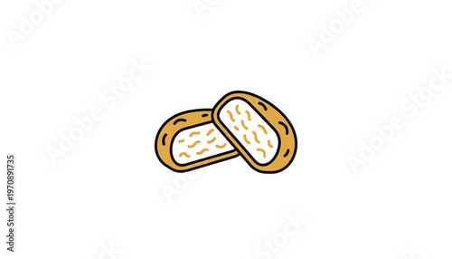 Two halves of a golden brown bread roll filled with butter and herbs, isolated on white background.