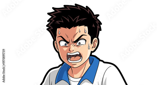 Angry Anime Character Shouting and Sweating with Frustrated Facial Expression, Manga Style Vector Illustration