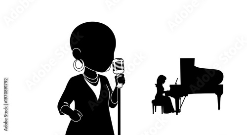 Female Singer and Pianist Performing Music Vector Illustration - Silhouette Black and White Minimalist Graphic for Jazz Concert or Musical Event Promotion.
