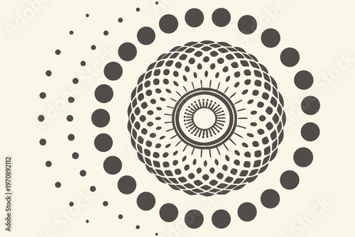 Abstract geometric pattern featuring a central intricate sphere surrounded by a dynamic spiral of progressively sized dots on a light background.