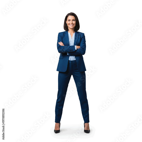Confident professional woman in a tailored blue suit posing with arms crossed.