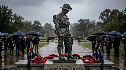 Beautiful red memorial wreaths rest gracefully before a towering soldier statue during rainy weather, offering a powerful Anzac Day remembrance scene honoring incredibly brave military sacrifices.