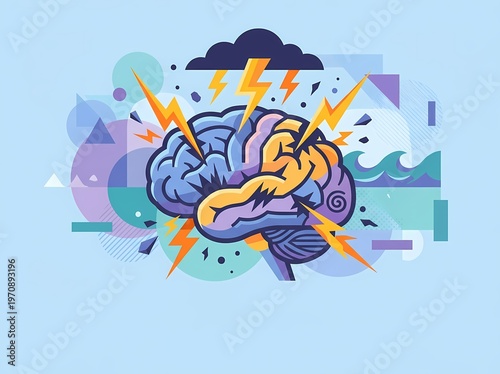 Conceptual illustration of a brain experiencing a powerful mental breakdown with lightning