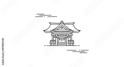Minimalist Japanese Shrine Icon, Traditional Architecture, Outline Art
