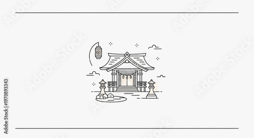 Minimalist Japanese Shrine Icon: Traditional Architecture, Lanterns, and Serene Atmosphere
