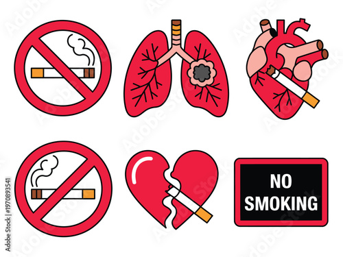 No smoking health icons illustration, lungs, heart and prohibition symbols for anti-smoking awareness campaigns and public safety signage.