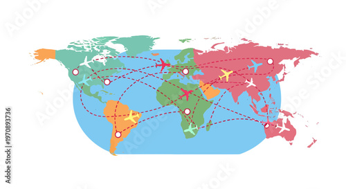 Global Flight Routes World Map Vector Illustration with Interconnected Airplanes for International Travel and Business Logistics Concepts