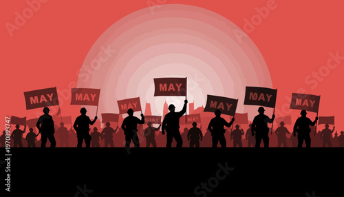 Protesters march against government policies on a city street at sunset