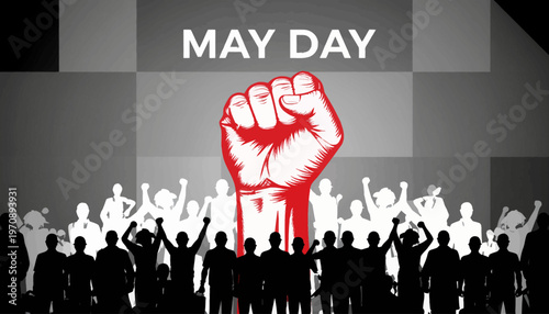 A group of people protest with a raised fist on May Day in a city square with a crowd.