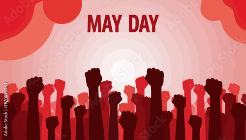 People raise fists in solidarity on May Day with vibrant red clouds