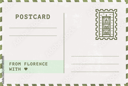 From Florence postal card template. Vector grungy vintage style postcard illustration with stamp, belfry tower, landmark, message. Simple flat greetings image layout