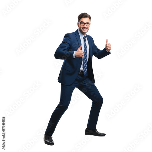 Energetic businessman in a suit striking a dynamic pose against a white background.
