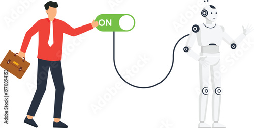 Businessman activating humanoid robot using green toggle switch for artificial intelligence technology integration and business automation process