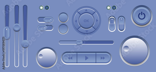Modern digital interface design template featuring a set of vector icons and audio player controls on a car panel with water drops on glass, car door, and keys