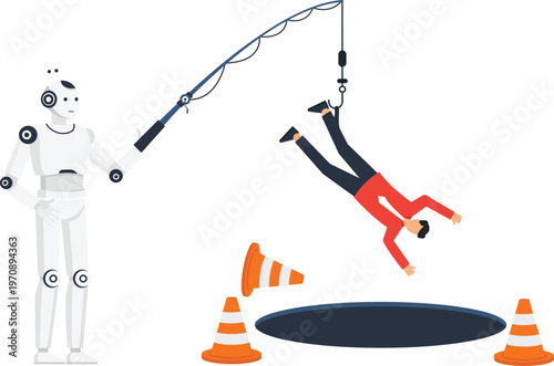 Robot fishing human trap artificial intelligence automation danger technological risk cyber security digital phishing business failure falling man warning cones deep hole future technology