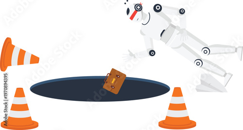 White robot falling accident deep pitfall business failure digital danger technology risk traffic cones artificial intelligence corporate mistake financial crisis