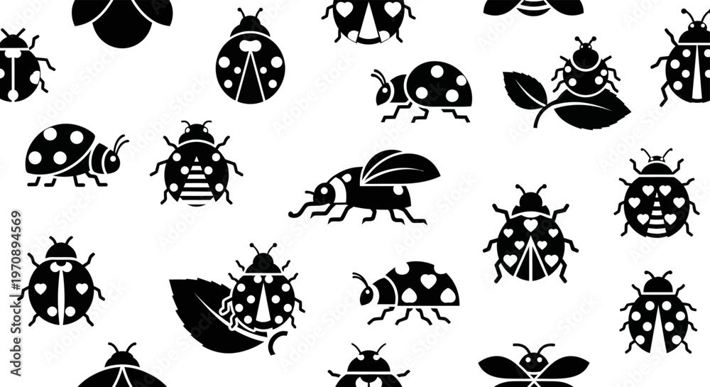 Fototapeta premium Ladybug seamless pattern background with black insect silhouettes and leaves representing nature gardening and spring wildlife