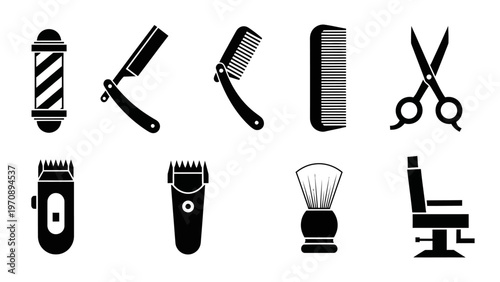 Barbershop tools black icon set including barber pole razor hair clippers scissors and salon chair silhouette vectors