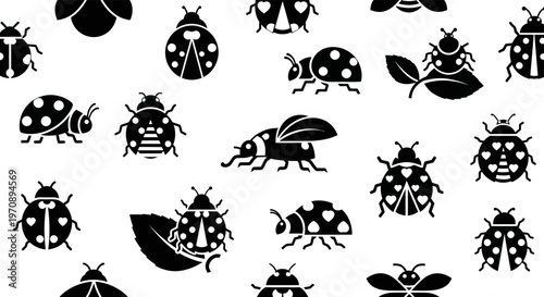Ladybug seamless pattern background with black insect silhouettes and leaves representing nature gardening and spring wildlife
