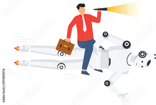 Businessman riding flying robot holding telescope exploring business future technology partnership artificial intelligence digital transformation fast speed career progress