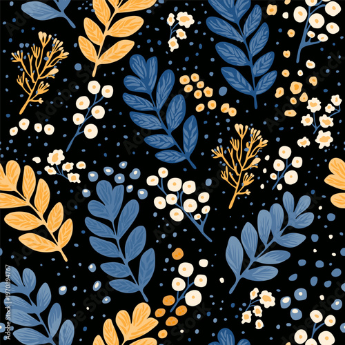 Seamless vector floral pattern with muted blue flower and leaf silhouettes