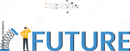 Word future flying robot technological progress artificial intelligence digital transformation business innovation rapid advancement modern concept uncertainty future