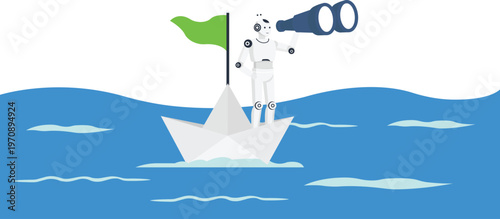 Robot Artificial Intelligence Future Technology Business Strategy Digital Transformation Market Research Strategic Planning Paper Boat Ocean Journey Green Flag Looking Forward Navigation System