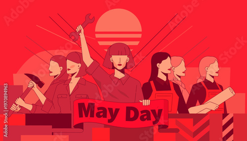 People celebrating May Day with raised fists and tools in hand
