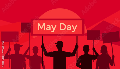 Protesters gather on May Day with signs in a city square outdoors