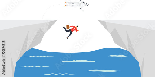 Businessman falling robot flying technology gap digital transformation business risk artificial intelligence competitive advantage future work automation challenge